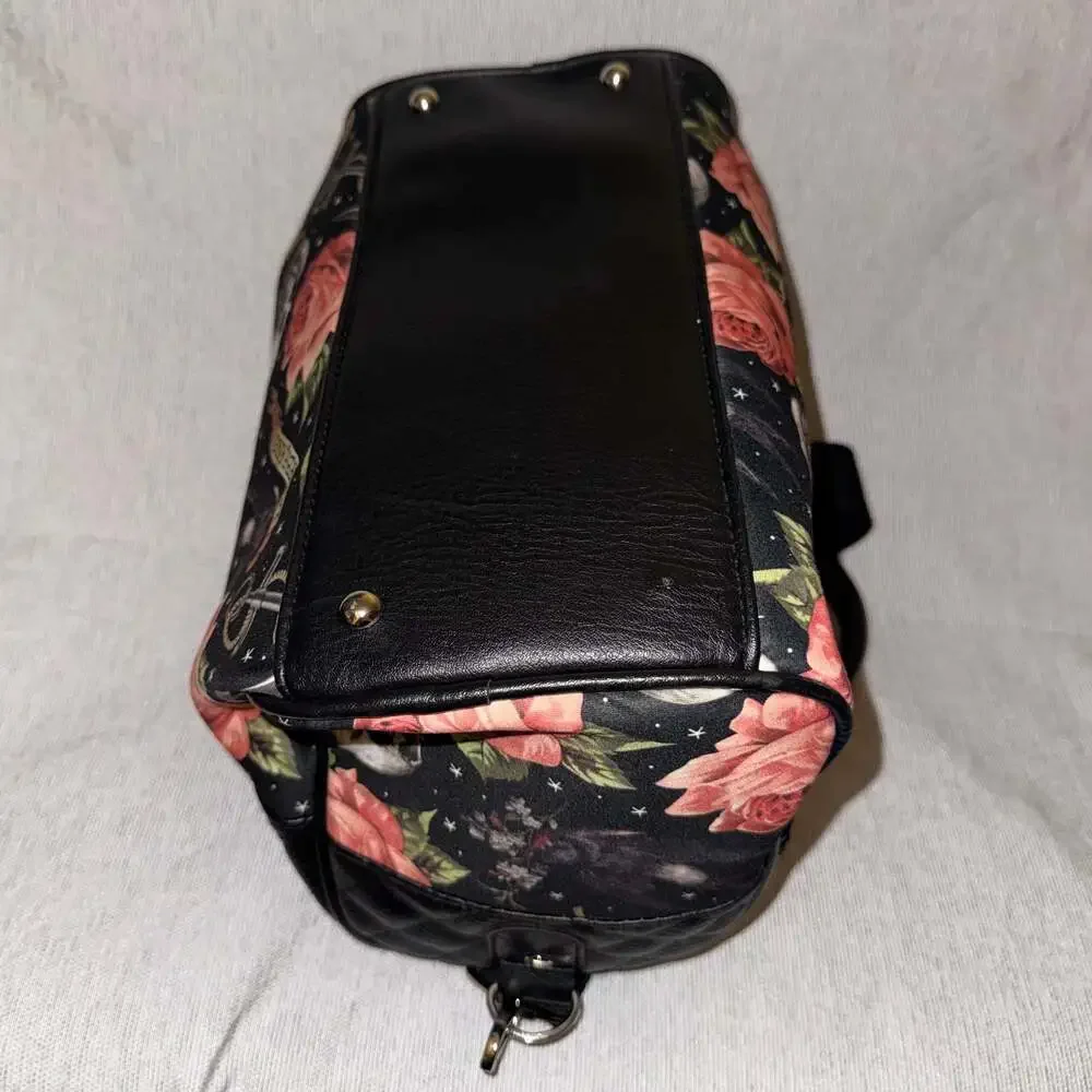 Liquorbrand Skull & Rose Quilted Satchel Bag Gothic Crossbody Purse Black Floral